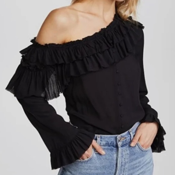 Paige Augustina Black Off Shoulder Ruffle‎ Button Up Blouse - Picture 2 of 11